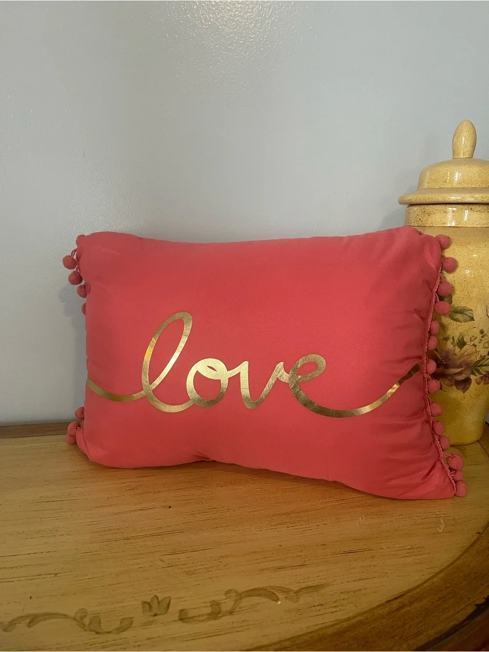Coral 'Love' Decorative Pillow with Gold Script - Home